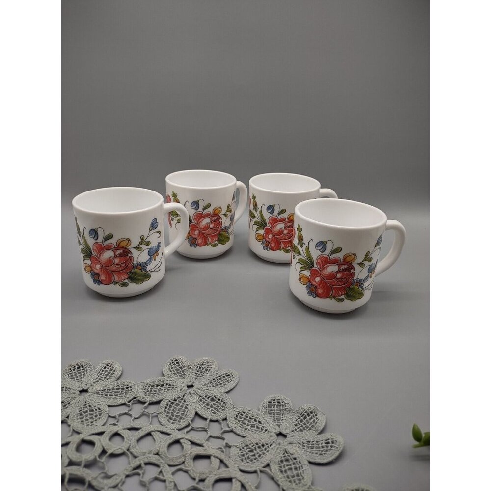 Vintage Set of 4 Arcopal France White Milk Glass Coffee Mugs Cups French Florals